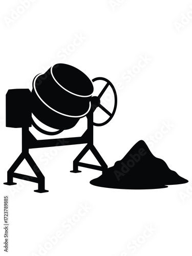 Silhouette of a concrete mixer and pile of sand on white background