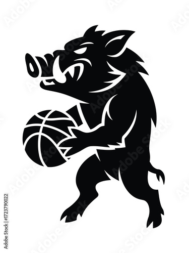 Aggressive wild boar mascot playing basketball silhouette