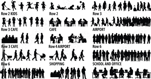 A versatile collection of black human figure silhouettes depicting various everyday life scenarios, including work, leisure, and travel