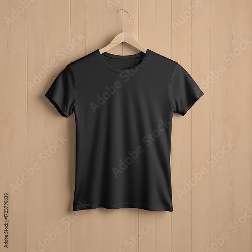 Plain dark gray t shirt hanging on a wooden background
