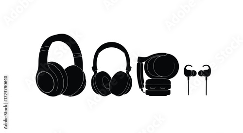 Collection of black headphones and earbuds isolated on white studio background vector