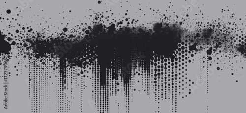 Abstract grey background features black splatters, grunge effects, and halftone patterns, creating a dynamic and textured visual with dots and drips for various design applications