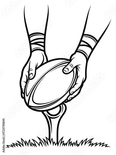 Rugby player preparing to kick the ball from a tee