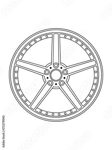 Detailed line art drawing of a five spoke car wheel rim