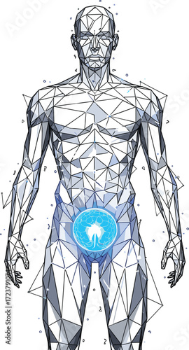 Low-Poly Digital Male Anatomy with Glowing Pelvic Highlight and Blue Data Points for Medical Visualization and Health Awareness Concept