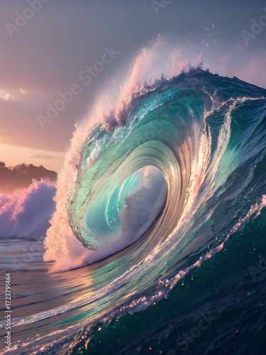 A large ocean wave curls at sunset with colorful light reflecting on the water