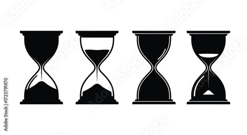 Four black hourglass silhouettes showing different stages of time flowing vector