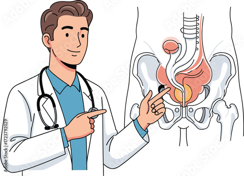 Male Doctor Explaining Pelvic Anatomy with Pen and Medical Diagram Showing Prostate, Bladder, Urethra, and Rectum for Health Education