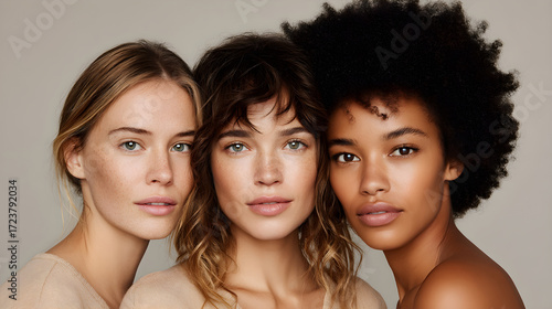 Portrait of three diverse young women with natural makeup and glowing skin. Multiethnic female group posing together. Beauty, skincare and diversity concept
