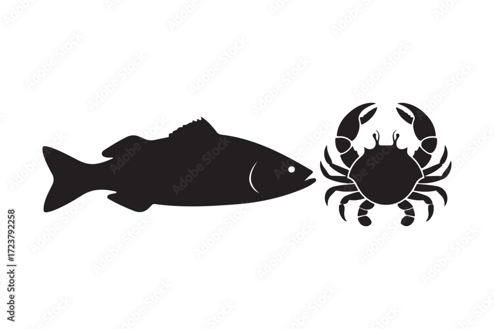 Fototapeta premium Black silhouette of a fish and a crab on a white background
