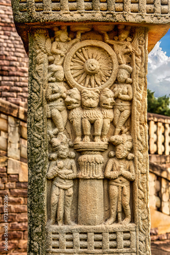 Ashokan Pillar, Displayed in the pillar inside and near the Great Stupa, a World Heritage Site at Sanchi, Madhya Pradesh a state of India.