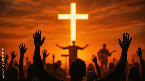 Worship gathering under glowing cross.