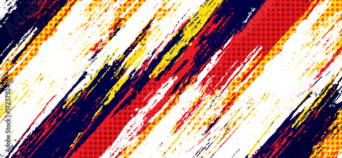 Dynamic brushstroke background features red, yellow, and blue diagonal lines alongside white space and halftone dot patterns, creating a vibrant artistic texture effect