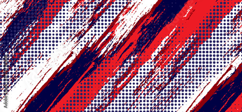 Abstract background features a dynamic blend of red and blue diagonal stripes along with a dotted pattern, creating a modern and energetic visual with white accents