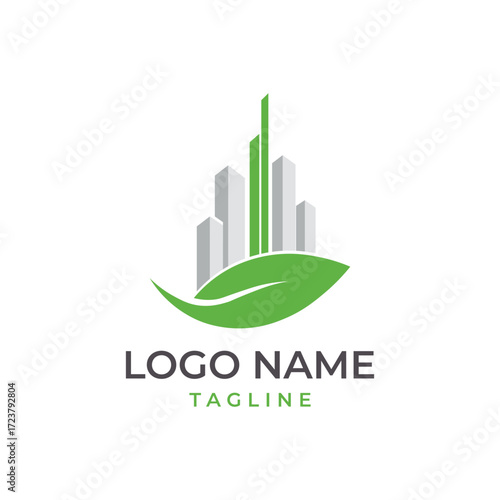 Vector art of ecofriendly cityscape logo with green leaf and modern buildings