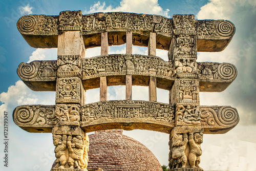 Detail top section of the Stupa Gates at Sanchi, Madhya Pradesh