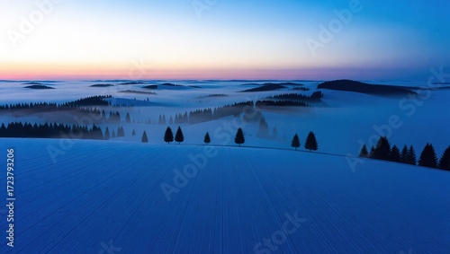 Serene Winter Landscape with Fog, Trees, and Blue and Pink Sky