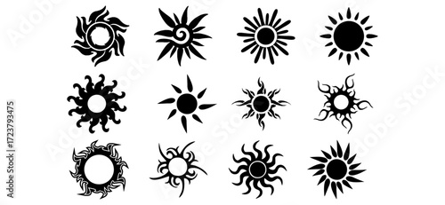A striking collection showcases twelve unique black sun icons on a clean white backdrop, exhibiting various artistic designs and geometric shapes radiating warmth and light