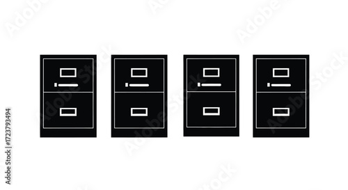 Four identical black two-drawer filing cabinets lined up in a row isolated on white vector