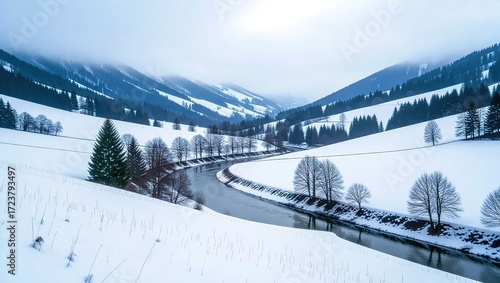 Serene winter valley with winding river and snow-covered hills u