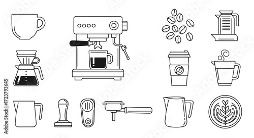 Coffee Icons A Detailed Illustration of Brewing Equipment and Elements in Monochrome