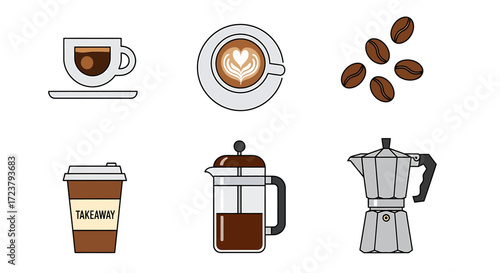 A collection of coffee-themed icons, showcasing brewing methods, cups, and beans for your design needs