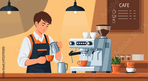 A skilled barista creating a beautiful latte art on a fresh coffee at a cozy cafe counter with a professional espresso machine