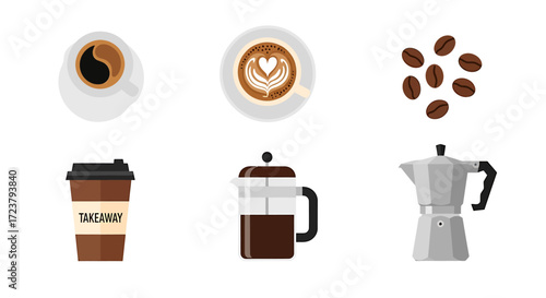 Coffee Collection Diverse Illustrations of Brewed Beverages and Coffee Beans