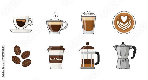 Comprehensive collection of diverse coffee beverages, brewing equipment, and essential ingredients for caffeine enthusiasts and cafe designs, perfect for illustrating menus or coffee-themed content