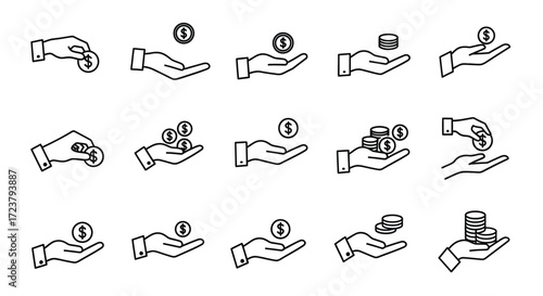 Collection of hand icons offering and receiving coins symbolizing financial transactions and wealth vector