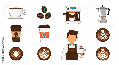 Collection of Various Coffee Icons Espresso Machines, Coffee Beans, Cups, and Barista Serving Coffee