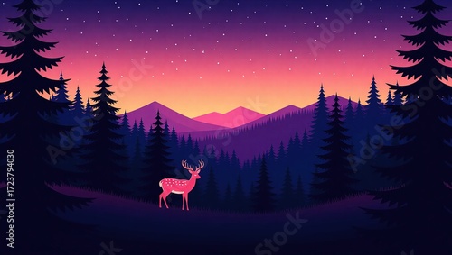 Silhouetted Forest at Twilight with a Pink Deer