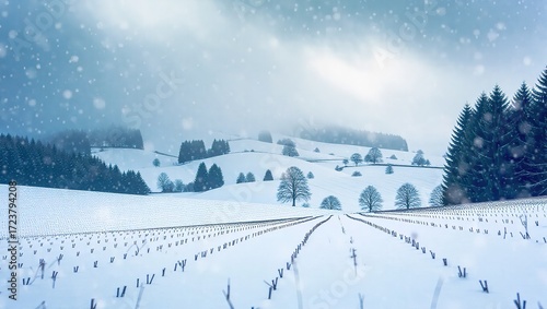 Snow-covered vineyard landscape with trees and rolling hills dur