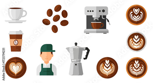 A comprehensive concept of coffee culture essentials, featuring flat design icons of barista, espresso machine, coffee beans, and various cups for hot beverages