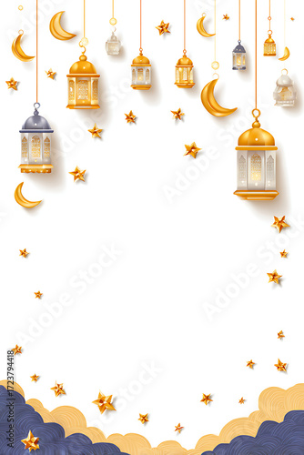 Elegant decorative frame with hanging lanterns and stars against a white background