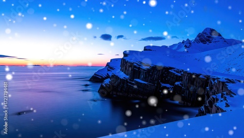 Snowy Coastal Cliffs at Dusk, Tranquil Waters Reflecting the Fad