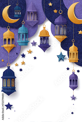 Colorful paper lanterns and crescent moons hanging against a starry night sky backdrop