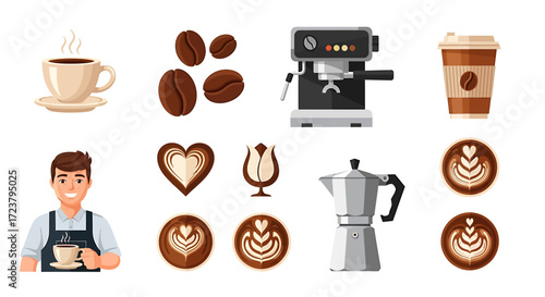 A collection of coffee shop illustrations featuring a barista, brewing equipment, and various latte art designs isolated on a white background