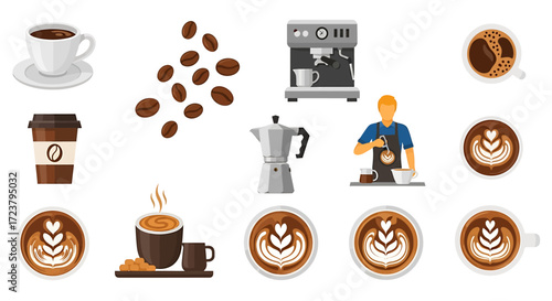 Creative coffee shop concept elements with a barista, various brewing equipment, and latte art icons