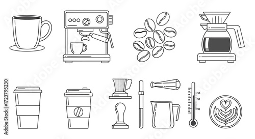 Comprehensive collection of minimalist line art icons depicting various coffee beans, brewing equipment, and drink preparation tools on a clean white background
