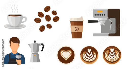 Vector illustration set of coffee culture icons including a barista, brewing equipment, drinks, and latte art designs