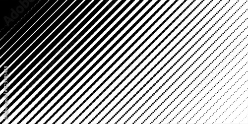 Dotted halftone diagonal texture. Fading polka dot gradient background. Repeating dots gradation pattern. Black vanishing comic pop art overlay backdrop. Raster effect wallpaper. Vector illustration
