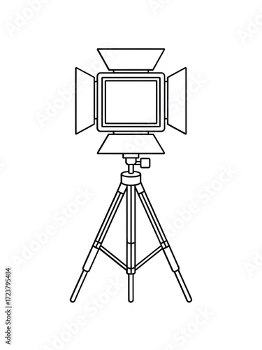 Simple line drawing of a professional video light on a tripod