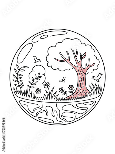 Whimsical tree and nature scene inside an oval frame