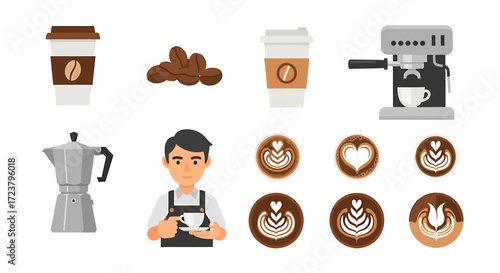 Coffee Art and Preparation Barista with Espresso Machine and Drink Elements