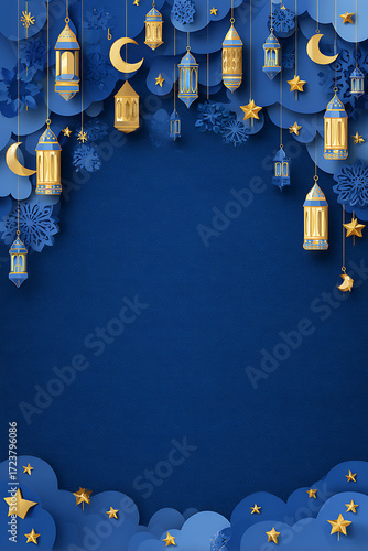 Decorative blue background with hanging lanterns, moons, and stars for festive celebrations