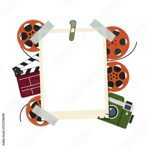Vintage film making concept with camera, film reel and clapboard for creative cinematic projects and video production, add your text or message here