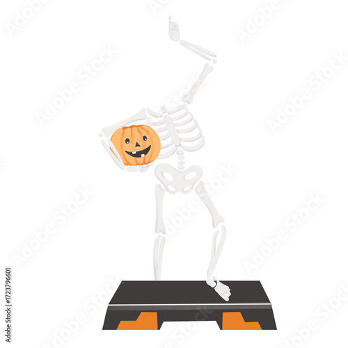 Headless Skeleton holding Pumpkin Head on a Step platform for Halloween Fitness and Aerobics training. Hand drawn funny scary illustration isolated on a background. Perfect for Halloween step party