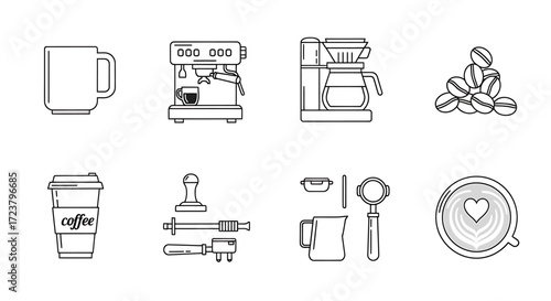 A collection of coffee brewing elements and barista equipment presented as a minimalist line icon set for cafe concepts