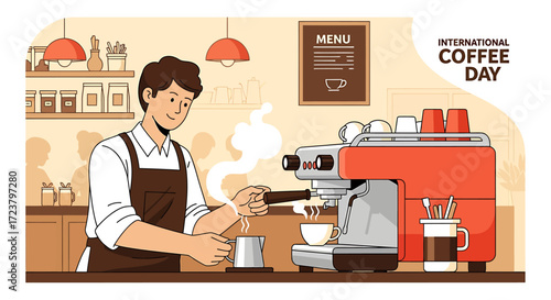 Smiling young male barista expertly crafting a fresh espresso beverage in a cozy coffee shop, celebrating the art of coffee making